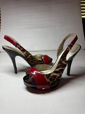 Guess Red Patent & Leopard Print Slingback Heels